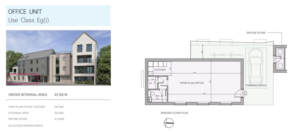Lot: 143 - DETACHED COMMERCIAL BUILDINGS WITH PLANNING FOR NEW FLATS AND OFFICE UNIT - Artist image of office unit